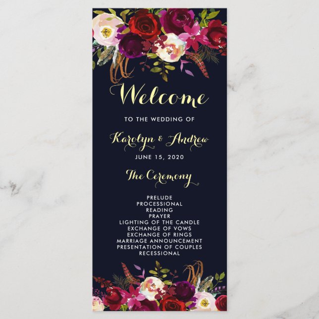 Programa de Boda Floral Boho Burgundy Navy Marsala (Anverso)