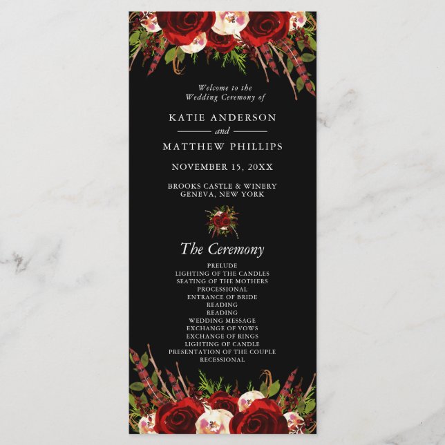 Programa de Boda Floral Boho de Burgundy Negro (Anverso)
