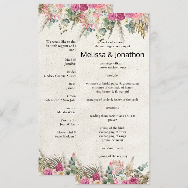 Programa de Boda Floral Boho Neutral Pastel (Anverso / Reverso)