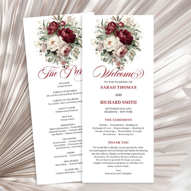 Programa de Boda Floral Borgoña Rosado Opulento (Opulent Blush Burgundy Floral Wedding Program)