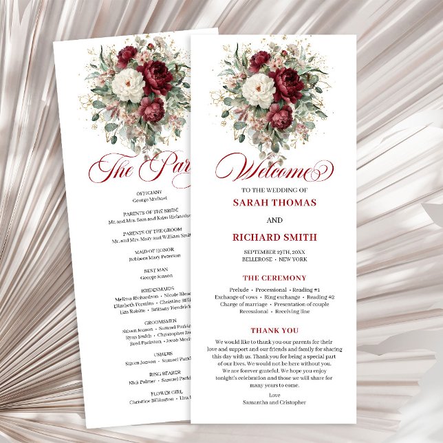 Programa de Boda Floral Borgoña Rubor Boheme (Bohemian Blush Burgundy Floral Wedding Program)
