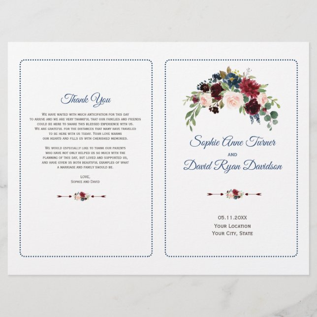 Programa de Boda Floral Borgoña Rubor Marsala (Frente)