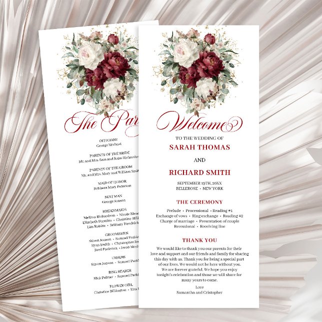 Programa de Boda Floral Borgoña Rubor Premium (Premium Blush Burgundy Floral Wedding Program)