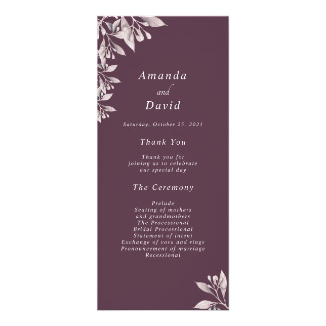 Programa de boda floral botánico de ciruela (Frente)