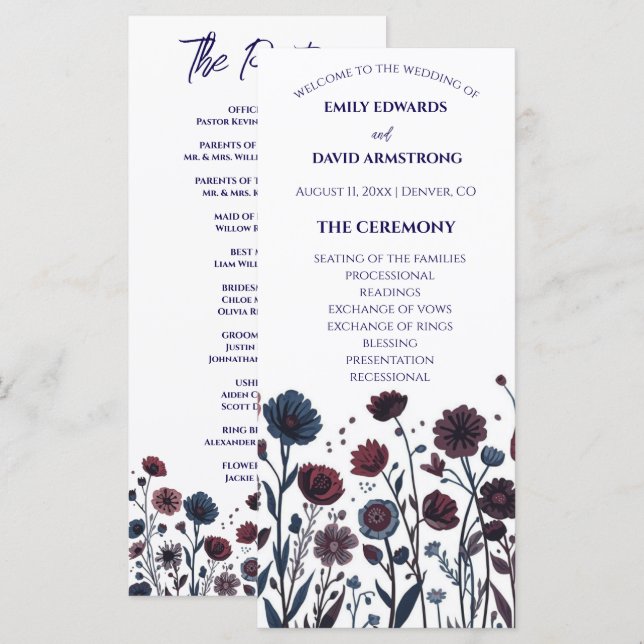 Programa de Boda Floral Burgundy & Azul Malhumorad (Anverso / Reverso)