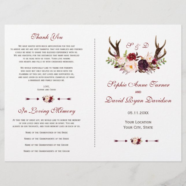 Programa de Boda Floral Burgundy Marsala Cuerno (Anverso)