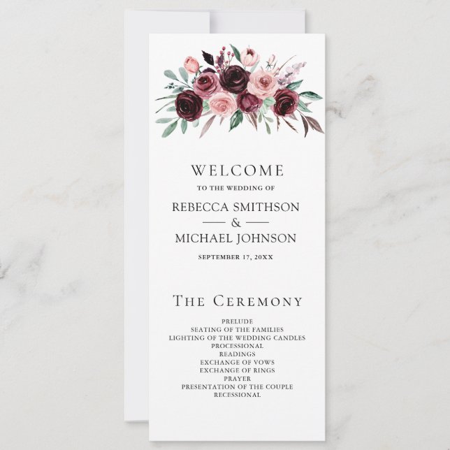 Programa de Boda Floral Burgundy Rosa Polvoriento (Anverso)