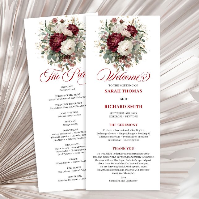 Programa de Boda Floral Burgundy Tono Rosado Delic (Delicate Blush Burgundy Floral Wedding Program)