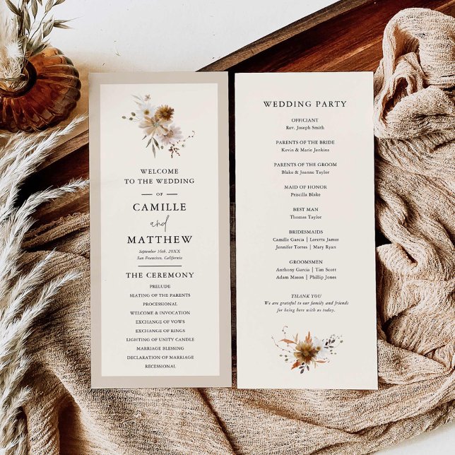 Programa de Boda Floral Caída (Elegant minimal wildflower wedding program)