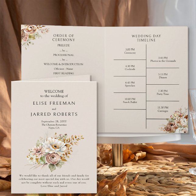 Programa de Boda Floral Campestre Marrón Rústico (Wedding Program from the Rustic Floral Brown Neutral Wedding Collection by Darling & May)