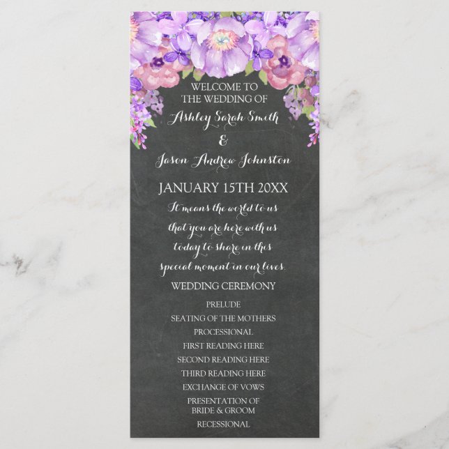Programa de Boda Floral Chalkboard Purple Lavender (Anverso)