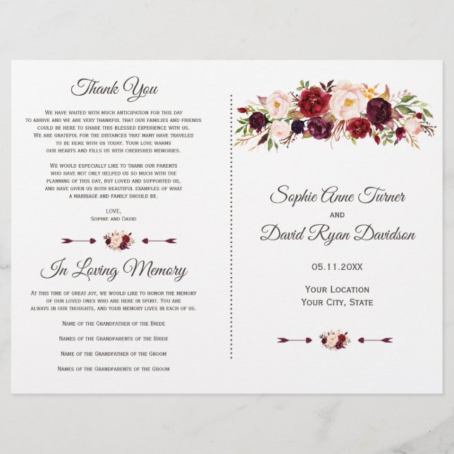 Programa de Boda Floral Charm Burgundy Rojo Marsal (Anverso)