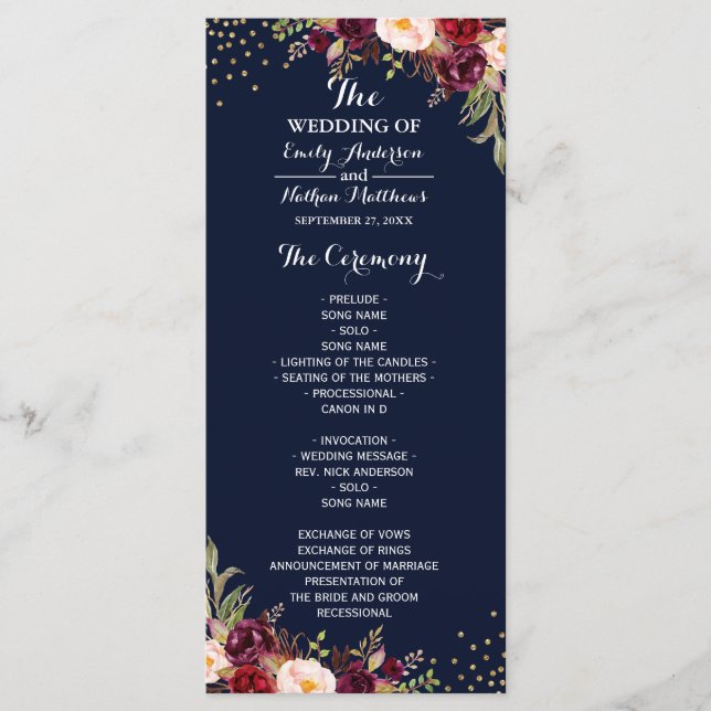 Programa de Boda Floral Confeti Azul Marinho Dorad (Anverso)
