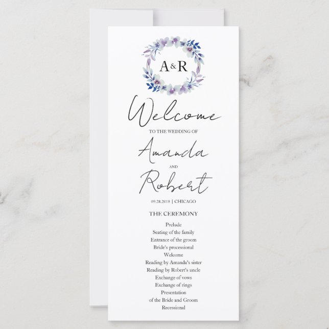 Programa de Boda Floral de Acuarela Monograma (Anverso)