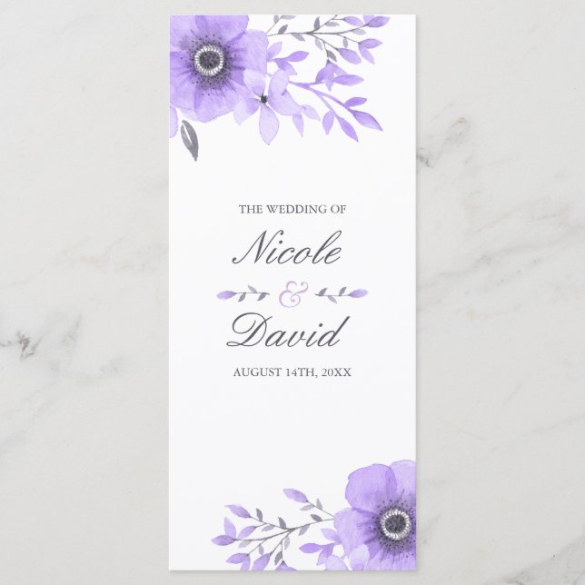 Programa de Boda Floral de Acuarela Púrpura y Gris (Anverso)