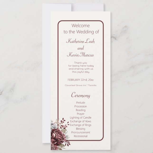 Programa de Boda Floral de Champagne y Burgandy (Anverso)