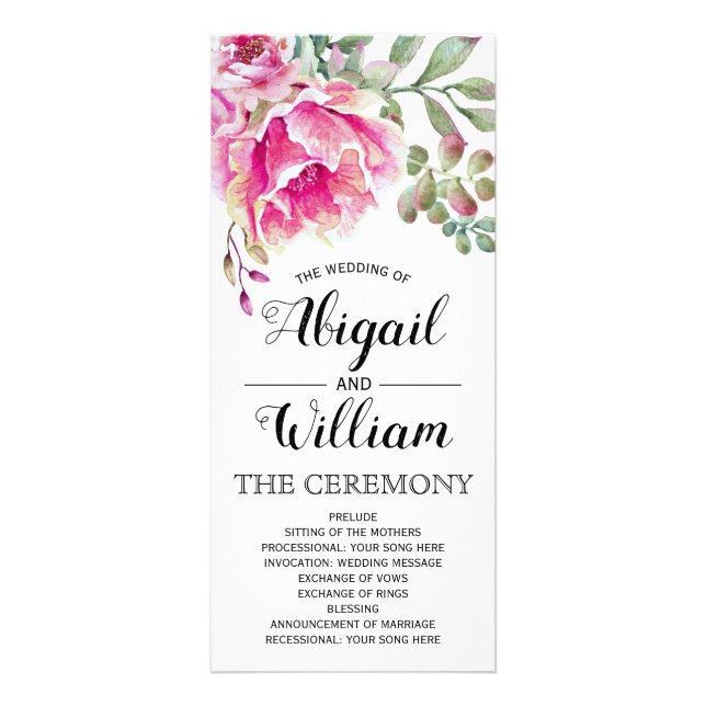 Programa de boda floral de flores de acuarela rosa (Frente)