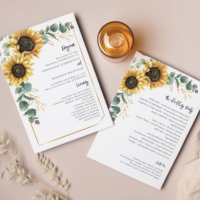 Programa de Boda Floral de Flores de Sol (Sunflower Eucalyptus Greenery All-in-One Wedding Invitation)