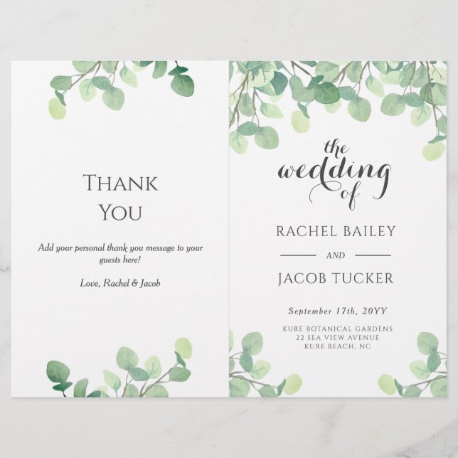 Programa de Boda Floral de Guión Verde Eucalyptus (Anverso)