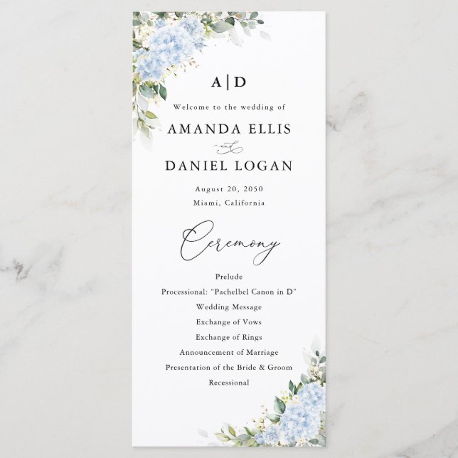 Programa de Boda Floral de Hortensia Azul (Anverso)