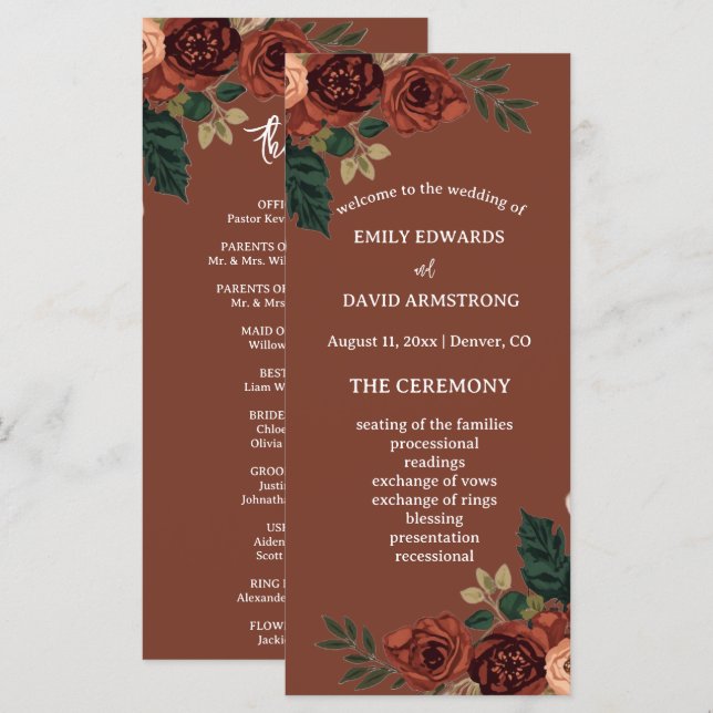 Programa de Boda Floral de Jardín Romántico Marrón (Anverso / Reverso)