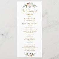 programa de boda floral de magnolia blanca y dorad