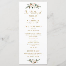 programa de boda floral de magnolia blanca y dorad