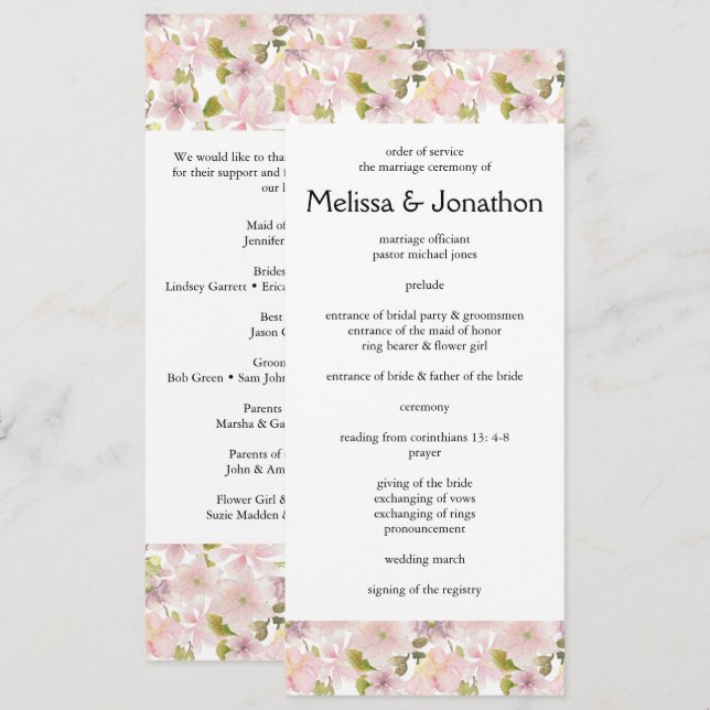 Programa de Boda Floral de Magnolia con Rubor Rosa (Anverso / Reverso)