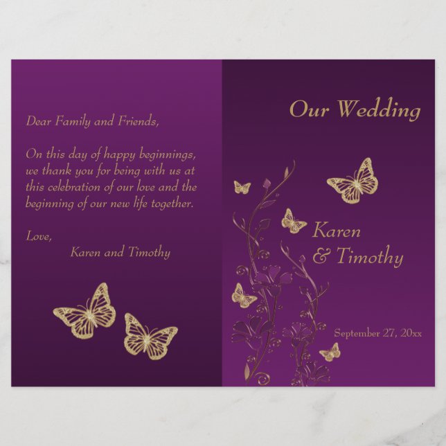 Programa de Boda Floral de Mariposa de Oro Púrpura (Anverso)