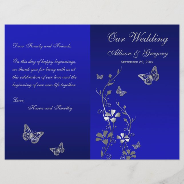 Programa de Boda Floral de Mariposa Gris Azul y Pl (Anverso)
