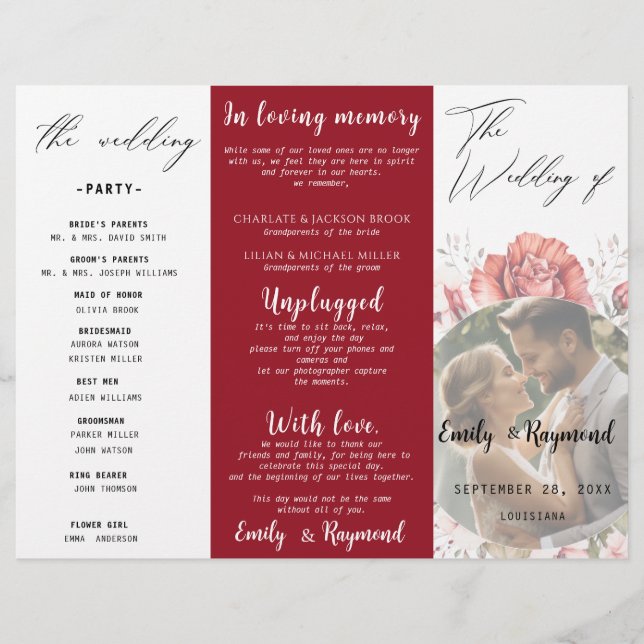 Programa de Boda Floral de Terracota Burgundy Blus (Anverso)