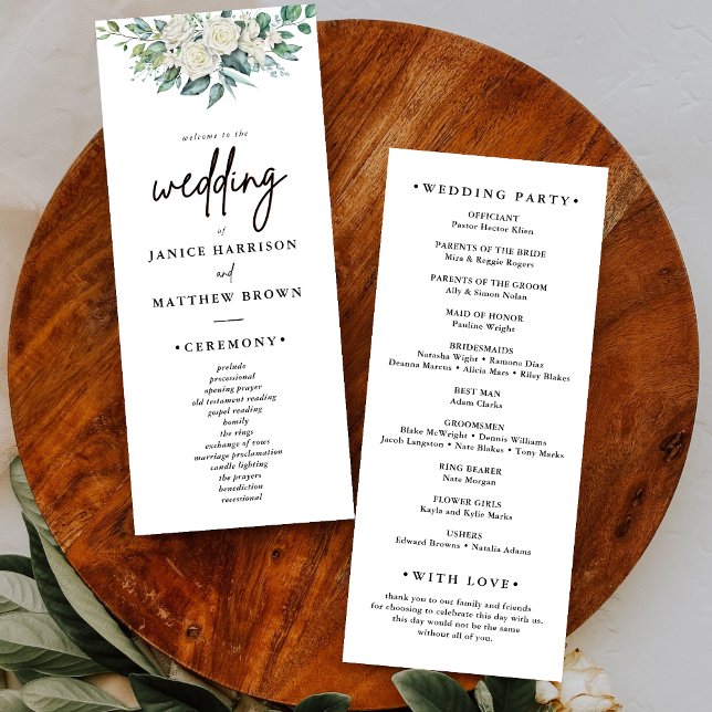Programa de Boda Floral de Verde con Rosa Blanca E (White rose greenery wedding program adds timeless elegance while guiding your ceremony flow.)
