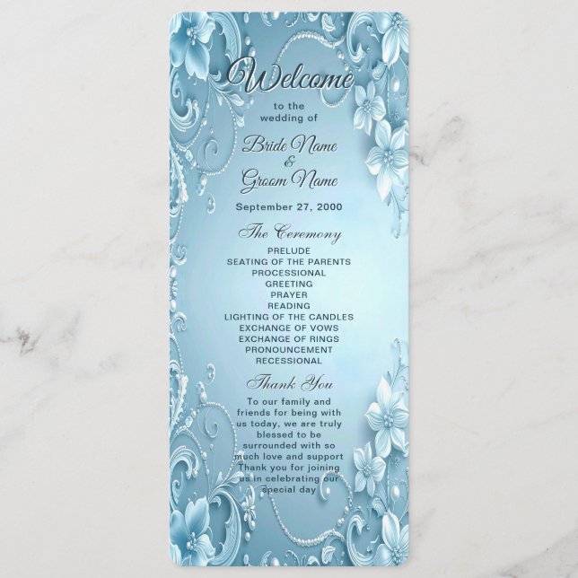 Programa de Boda Floral Decorativo Azul (Anverso)