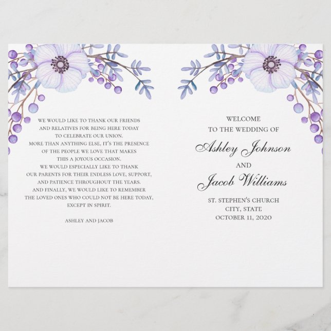 Programa de boda floral doblado. Flores púrpuras (Anverso)