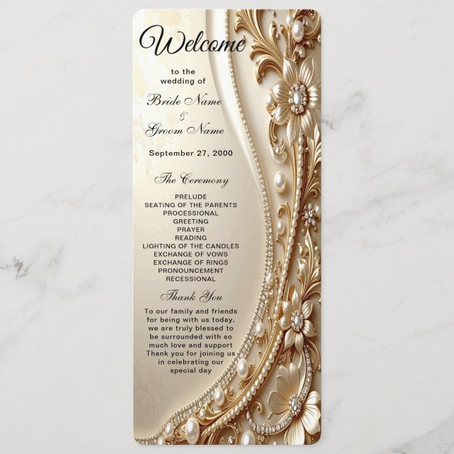 Programa de Boda Floral Dorado Elegante Ornado (Anverso)