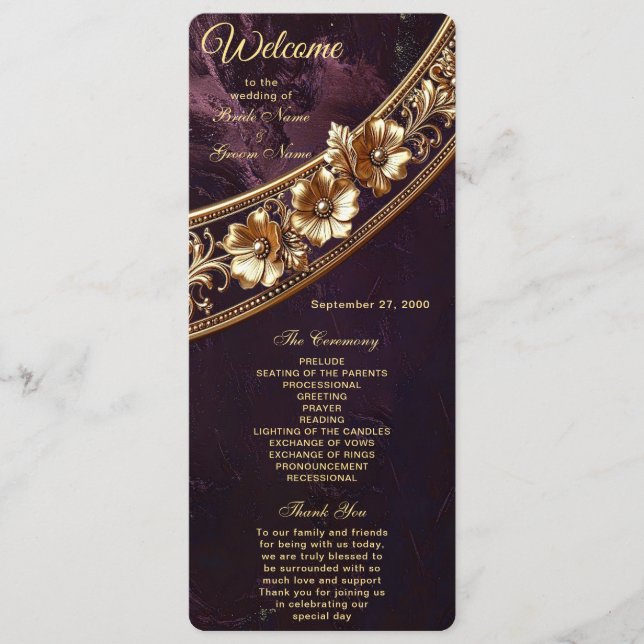 Programa de Boda Floral Dorado Ornamentado (Anverso)