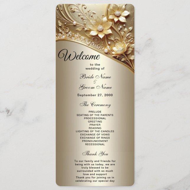 Programa de Boda Floral Dorado Ornamental Moderno (Anverso)