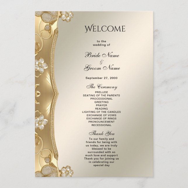 Programa de Boda Floral Dorado Ornate (Anverso)