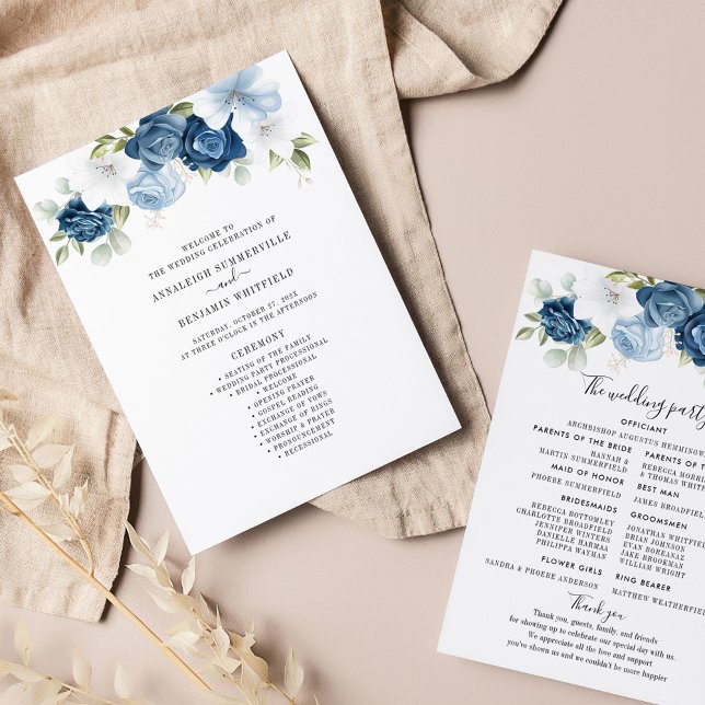 Programa de Boda Floral Dusty Blue Eucalyptus (Dusty Blue Floral Script Wedding Program)