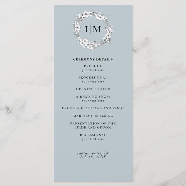 Programa de Boda Floral Dusty Blue Monograma (Anverso)