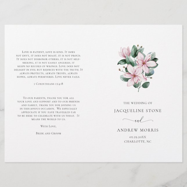Programa de Boda Floral Elegante de Magnolia Rosa (Anverso)