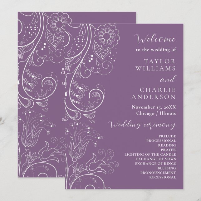 Programa de Boda Floral Elegante Morado Polvorient (Anverso / Reverso)