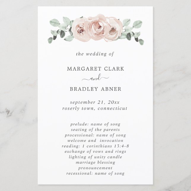 Programa de boda floral elegante Rosa polvorienta (Anverso)