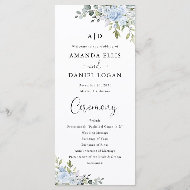 Programa de Boda Floral Eucalipto Azul Polvoriento (Anverso)