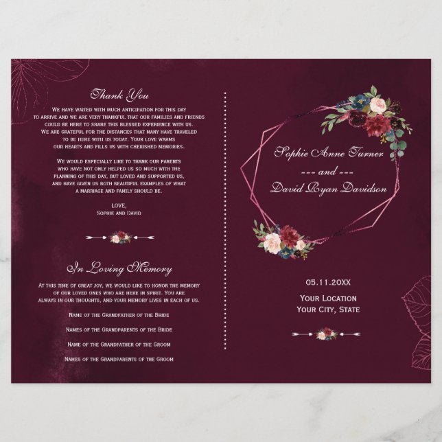 Programa de Boda Floral Geométrico Burgundy Real (Anverso)