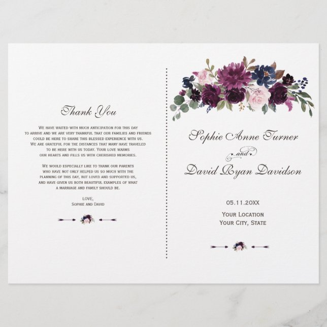 Programa de Boda Floral Lavanda Navy Encantador (Anverso)