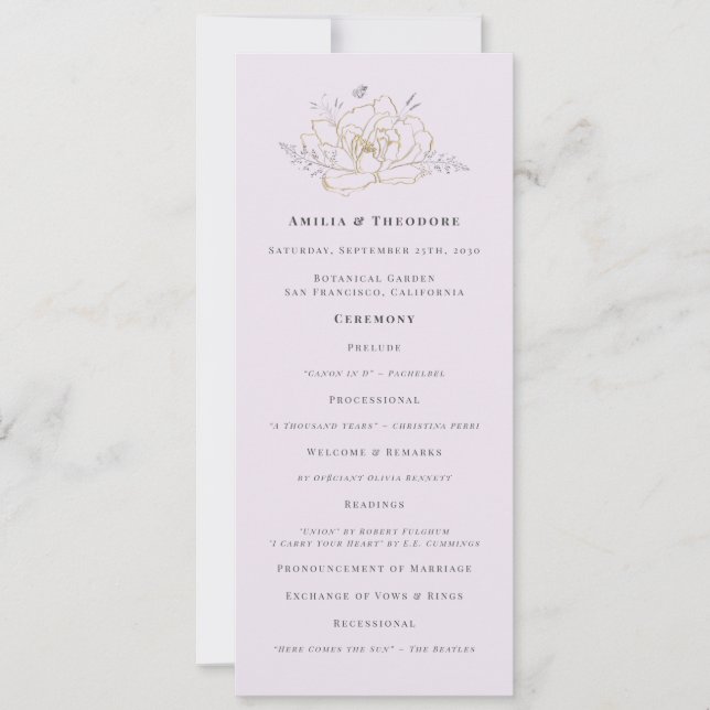 Programa de Boda Floral Lila Elegante con Dorado (Anverso)