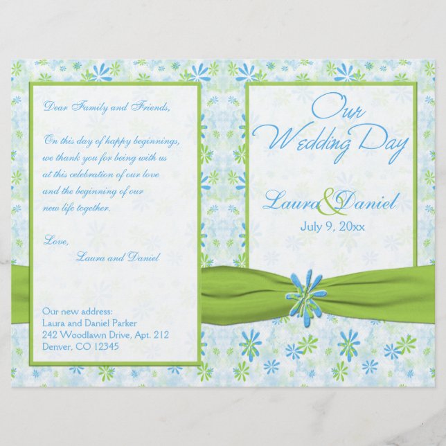 Programa de Boda Floral Lime Verde y Azul (Anverso)