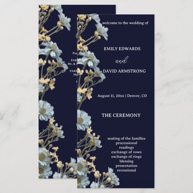Programa de boda floral moderno azul marino simple (Anverso / Reverso)