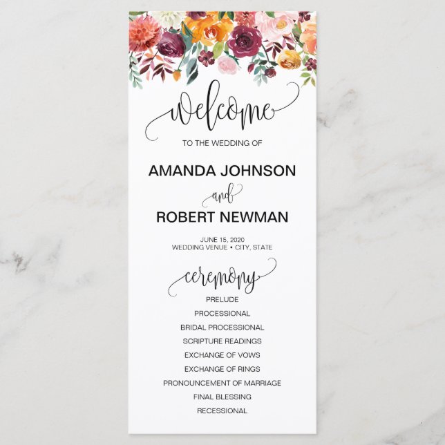Programa de Boda Floral Naranja de Borgoña de Otoñ (Anverso)